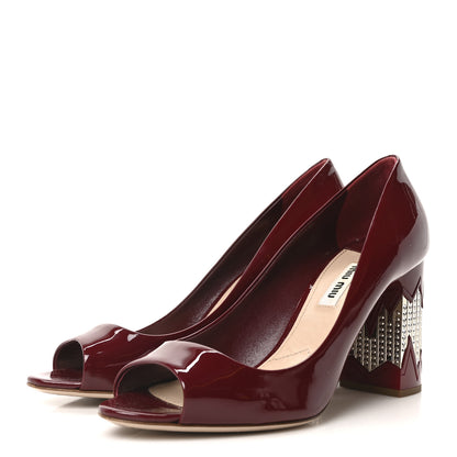 Miu Miu Patent Crystal Peep Toe Pumps 37.5 Burgundy 4 of 8