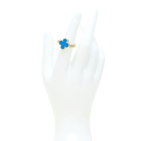 18K Yellow Gold Diamond Blue Agate Reversible Guilloche Vintage Alhambra Ring 50 5.25