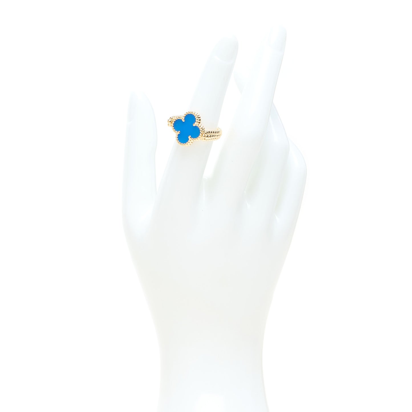 18K Yellow Gold Diamond Blue Agate Reversible Guilloche Vintage Alhambra Ring 50 5.25