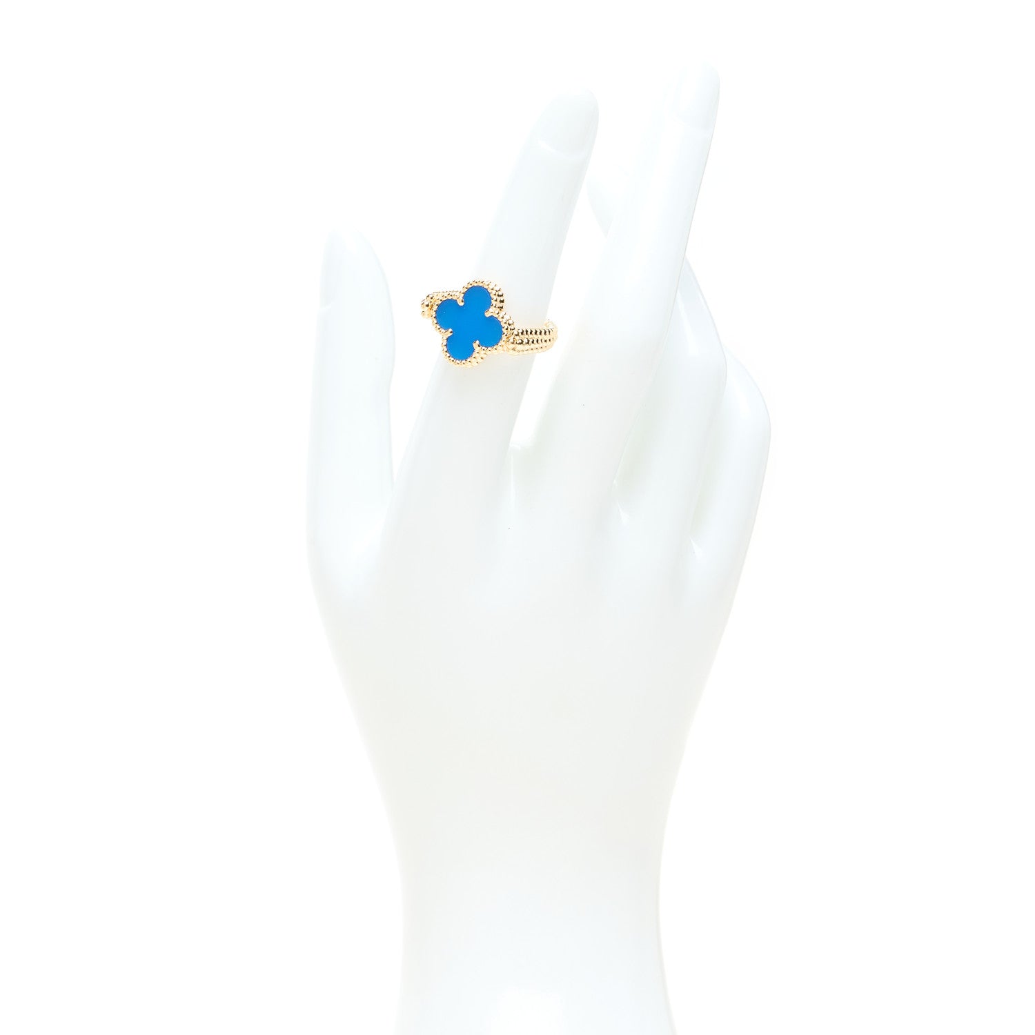 Van Cleef & Arpels 18K Yellow Gold Diamond Blue Agate Reversible Guilloche Vintage Alhambra Ring 50 5.25 2 of 5