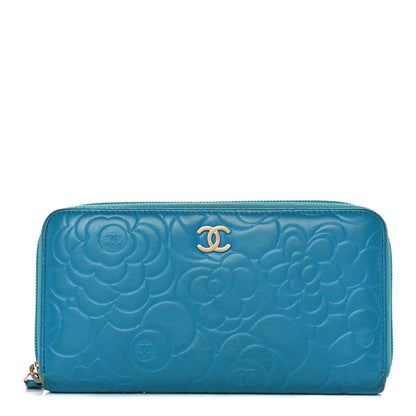 Chanel Lambskin Camellia Embossed Large Gusset Zip Around Wallet Blue 1 of 15