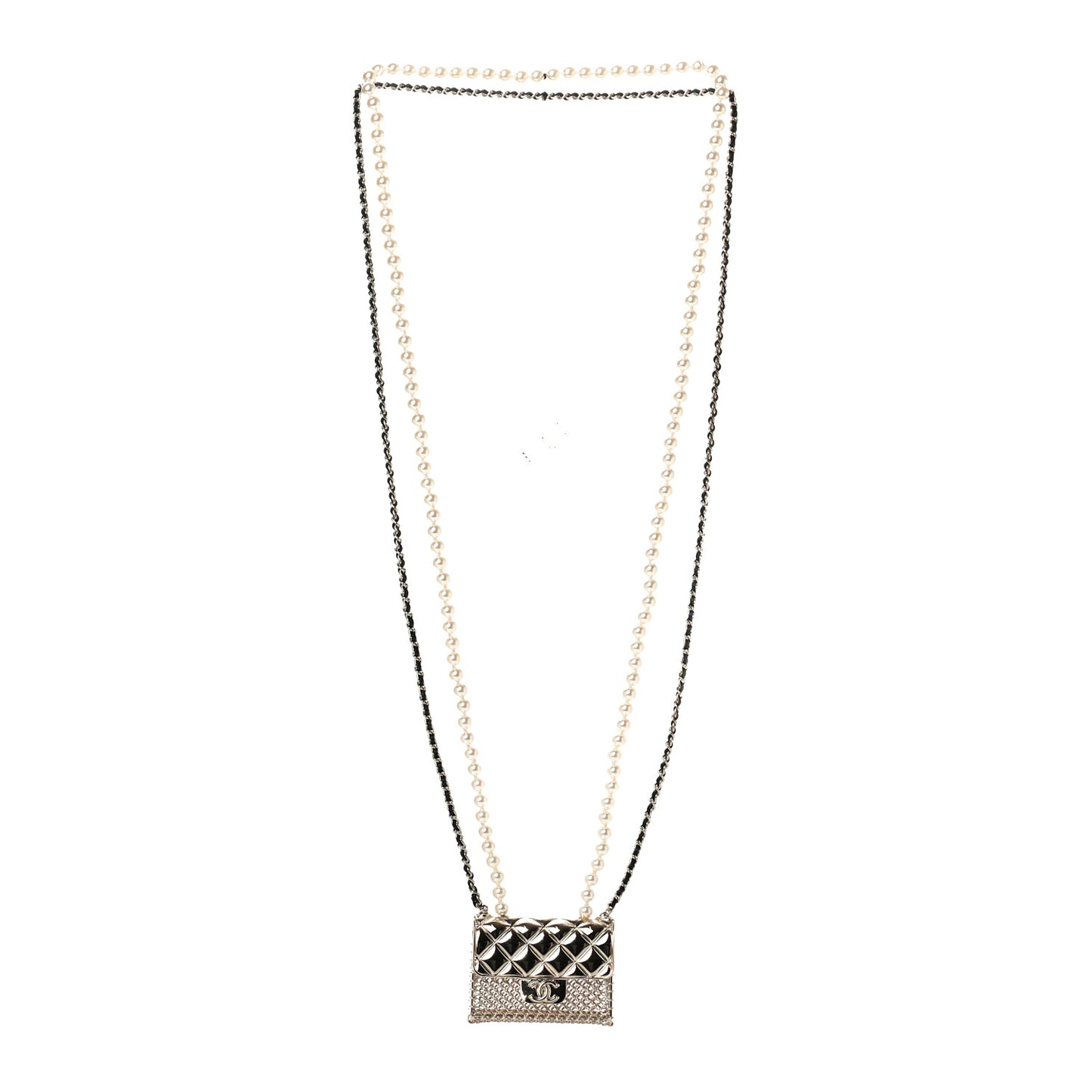 Metal Lambskin Pearl Chain Flap Bag Long Necklace Gold Black Pearly White
