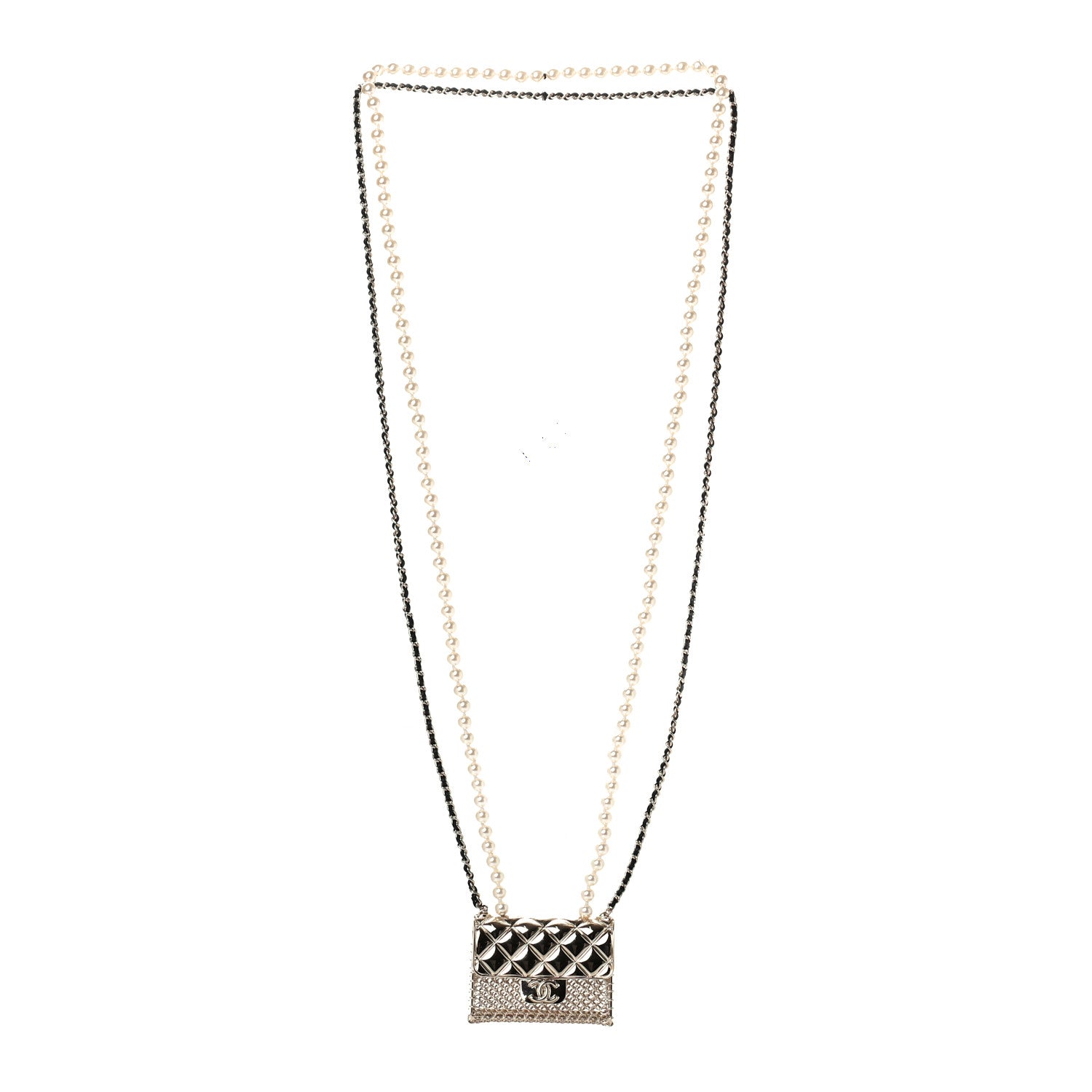 Chanel Metal Lambskin Pearl Chain Flap Bag Long Necklace Gold Black Pearly White 2 of 3