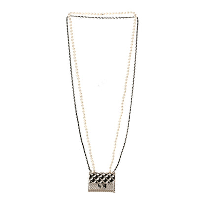 Chanel Metal Lambskin Pearl Chain Flap Bag Long Necklace Gold Black Pearly White 2 of 3