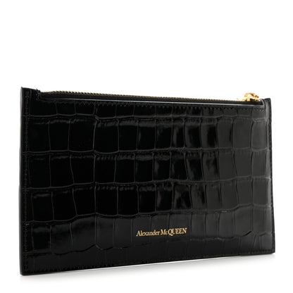 Alexander McQueen Calfskin Crocodile Embossed Skull Zip Wallet Card Holder Black 3 of 8