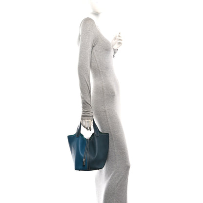 Hermes Taurillon Clemence Casaque Picotin Lock 22 MM Vert Bosphore Deep Bleu 2 of 10