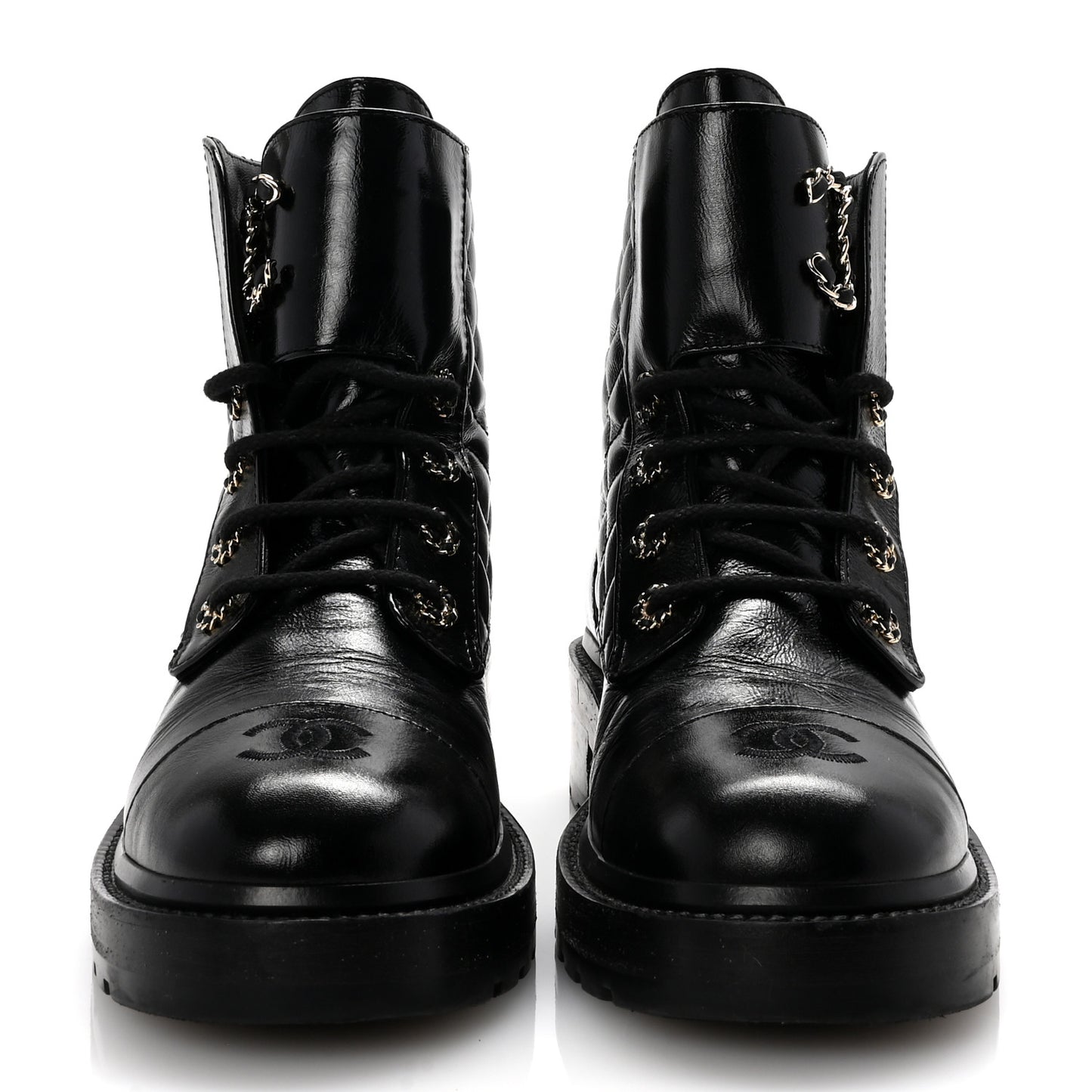 Shiny Calfskin Quilted Lace Up Combat Boots 40 Black