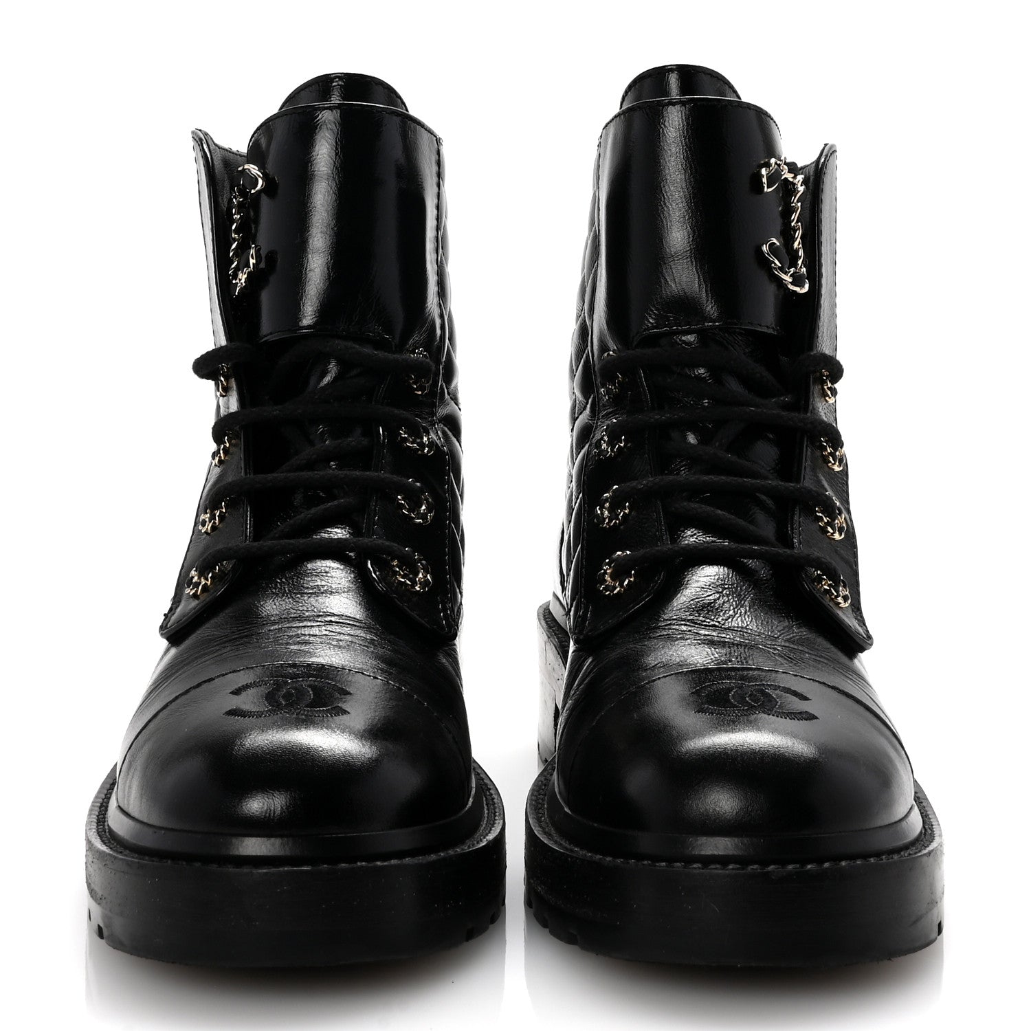 Chanel Shiny Calfskin Quilted Lace Up Combat Boots 40 Black 3 of 11