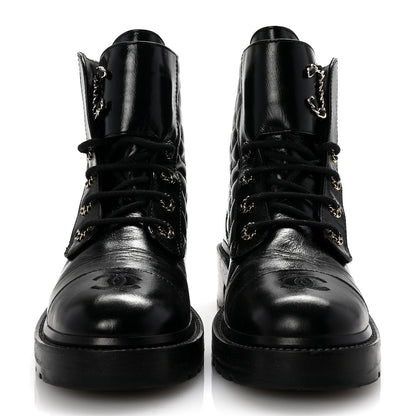 Chanel Shiny Calfskin Quilted Lace Up Combat Boots 40 Black 3 of 11