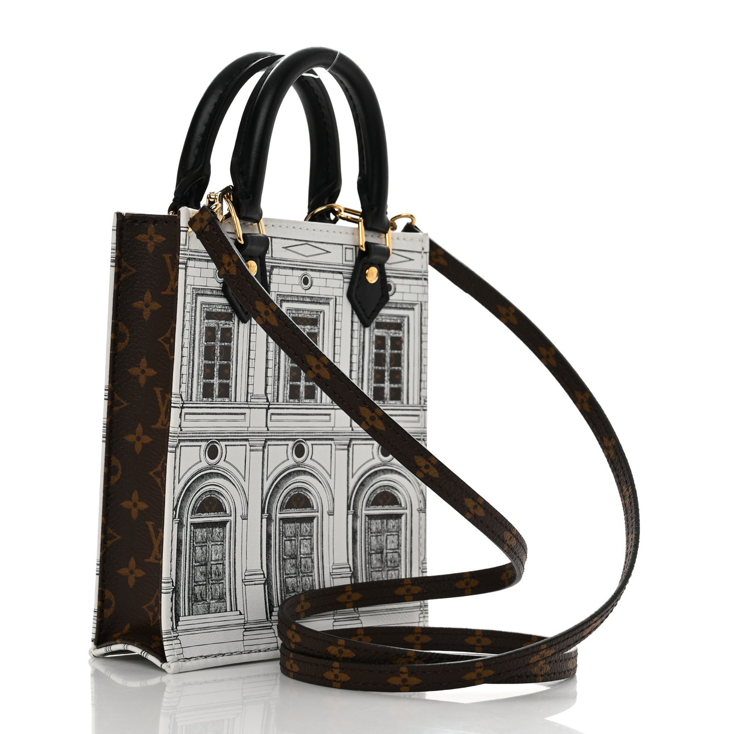 X FORNASETTI Calfskin Architettura Petit Sac Plat Black White