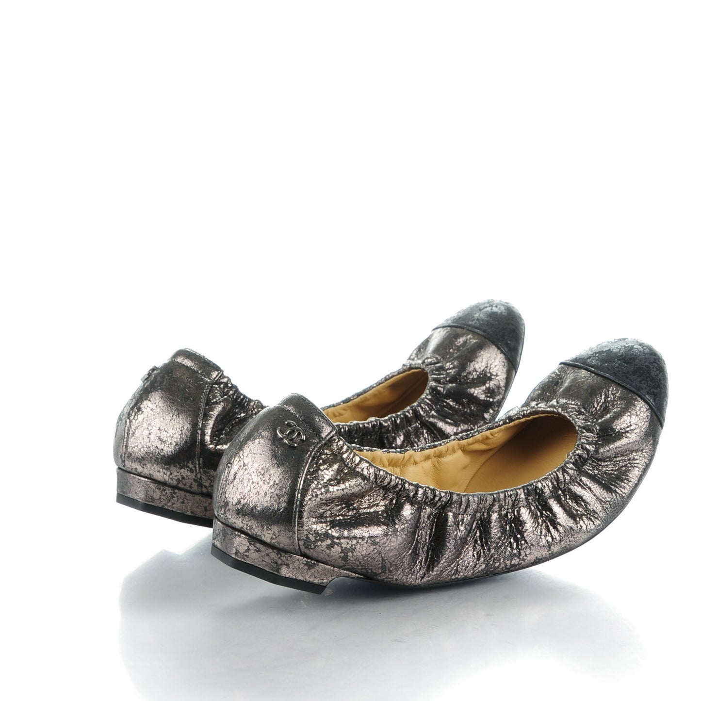 Metallic Crackled Calfskin Cap Toe Ballerina Flats 42 Dark Brown Black