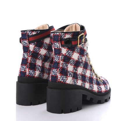 Gucci Vintage Tweed Check Lace Up Combat Ankle Boots 37.5 White Hibiscus Red Marine 4 of 9