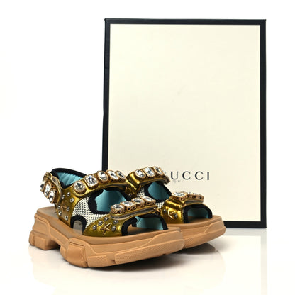 Gucci Silk Calfskin Mesh Crystal Embellished Studded Womens Aguru Sandals 36 Gold 9 of 9