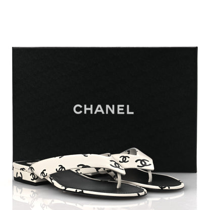 Chanel Lambskin Printed CC Thong Sandals 37 White Black 11 of 11