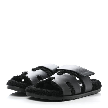 Hermes Calfskin Woolskin Womens Chypre Sandals 40 Black 3 of 8