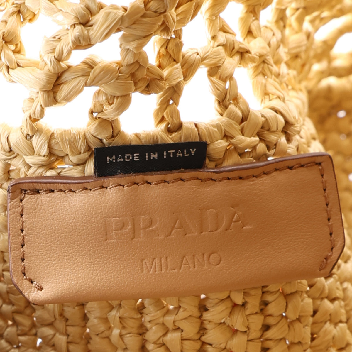 PRADA Yarn Raffia Effect Crochet Logo Embroidered Small Tote Bag Naturale
