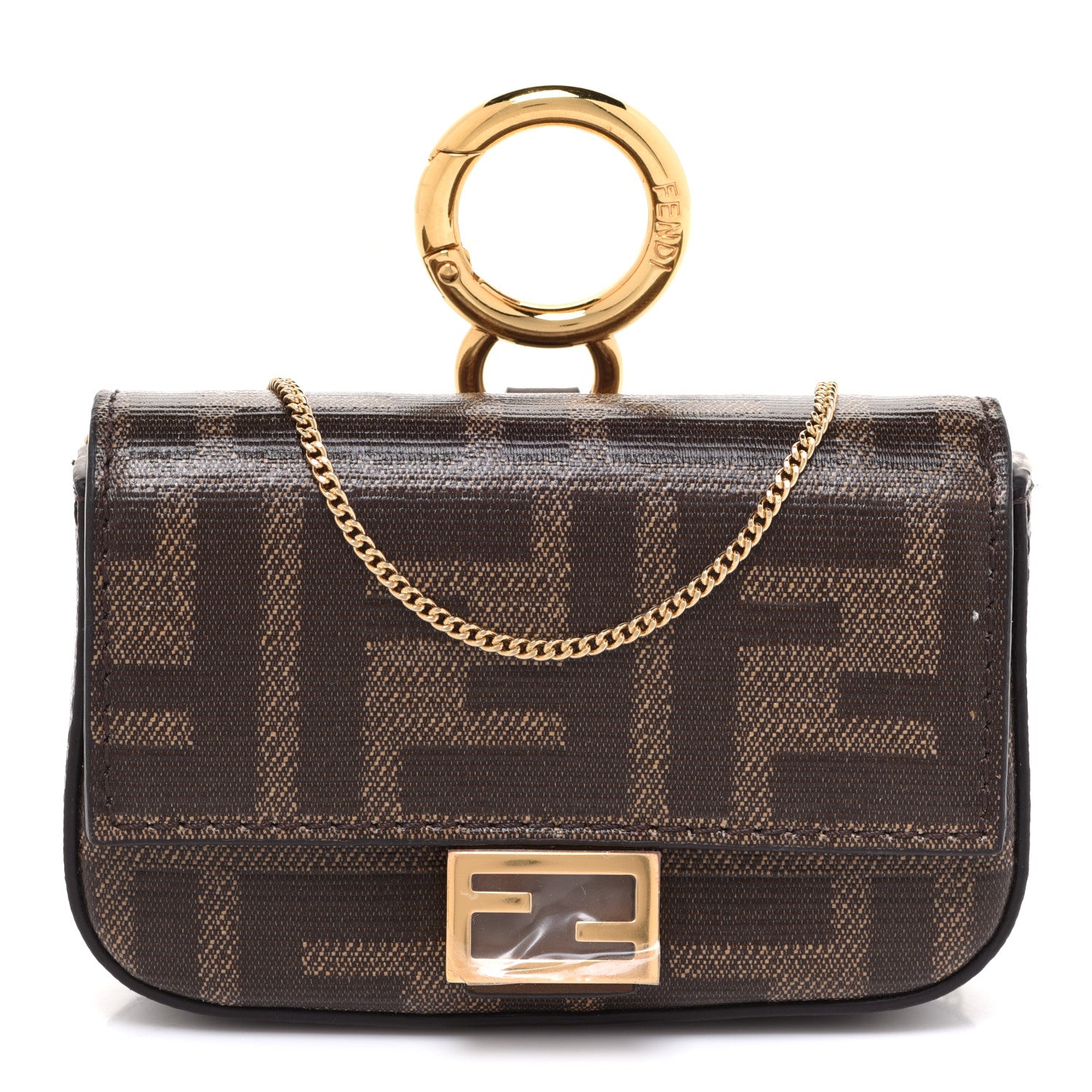 Fendi Glazed Fabric FF 1974 Nano Baguette Charm Mogano Panna 1 of 9