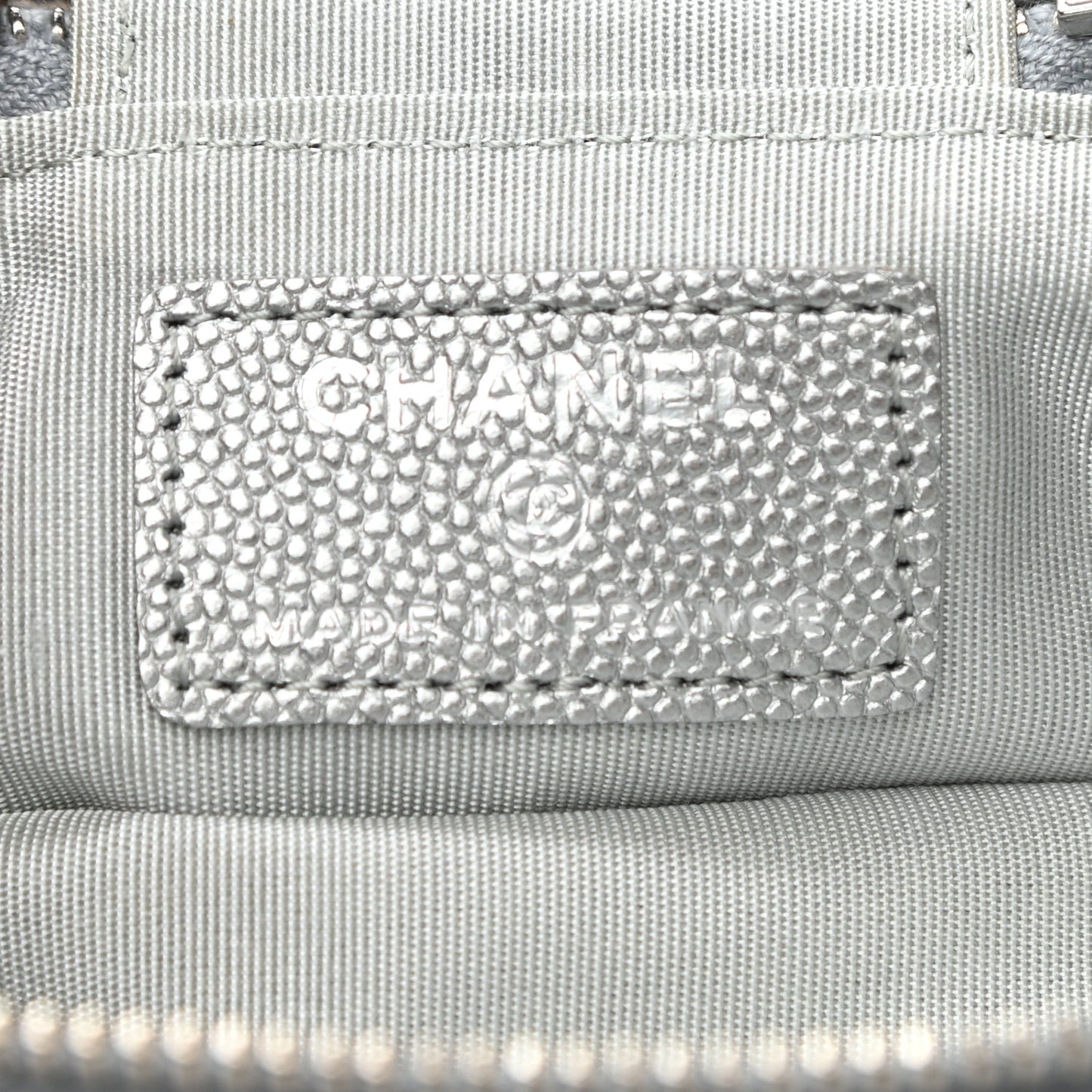 Metallic Caviar Quilted Mini Top Handle Vanity With Chain Silver