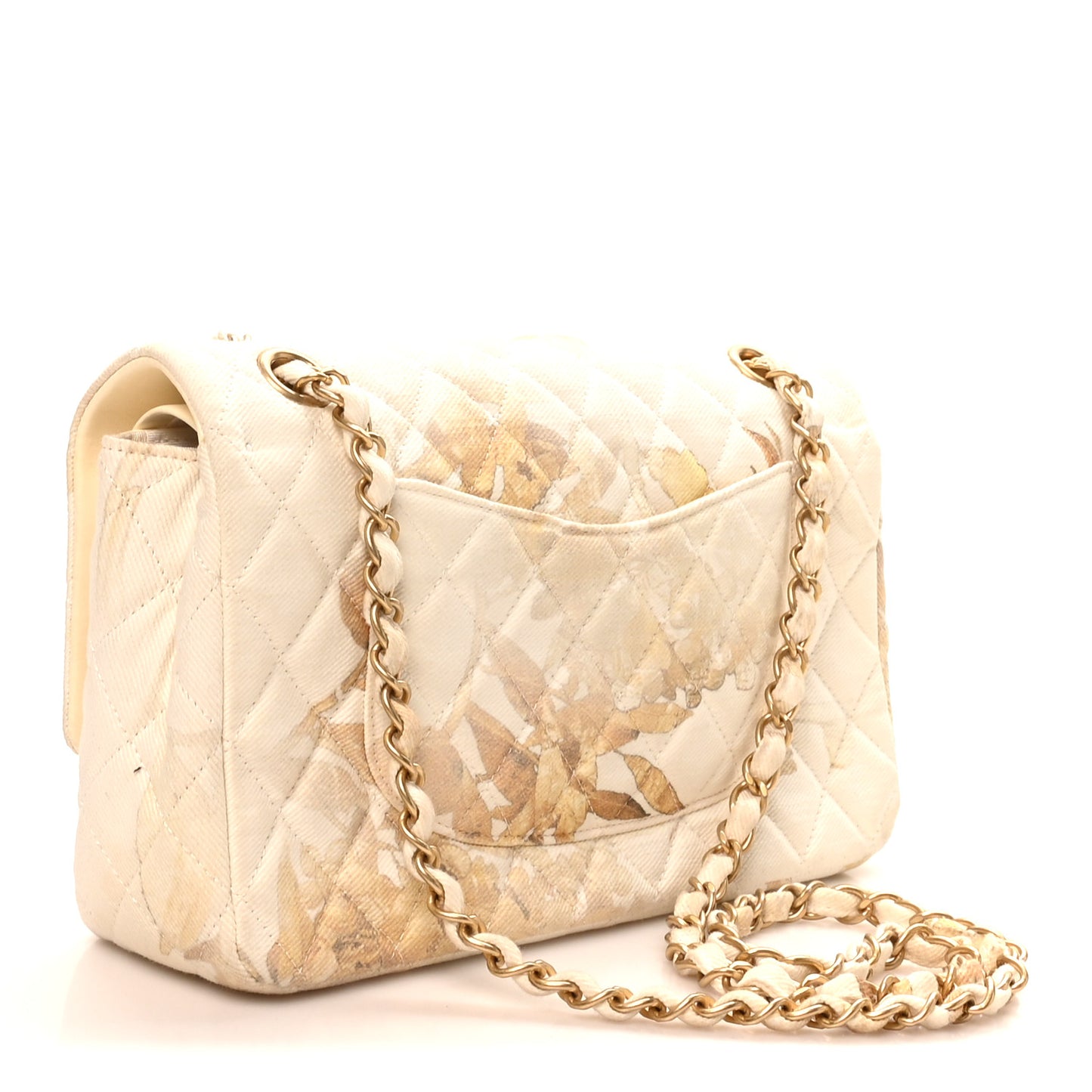Denim Floral Printed Medium Double Flap Beige