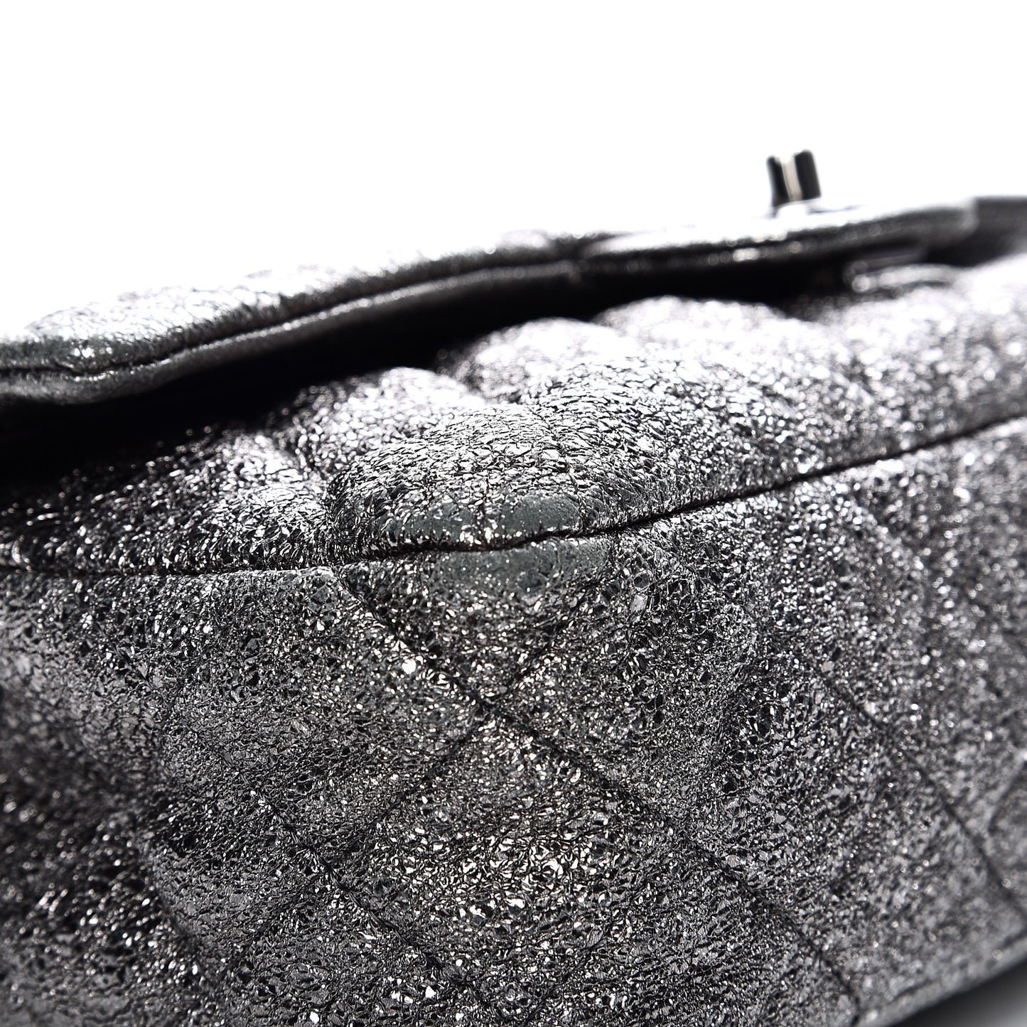 Metallic Crackled Calfskin Medium Double Flap Argent Fonce