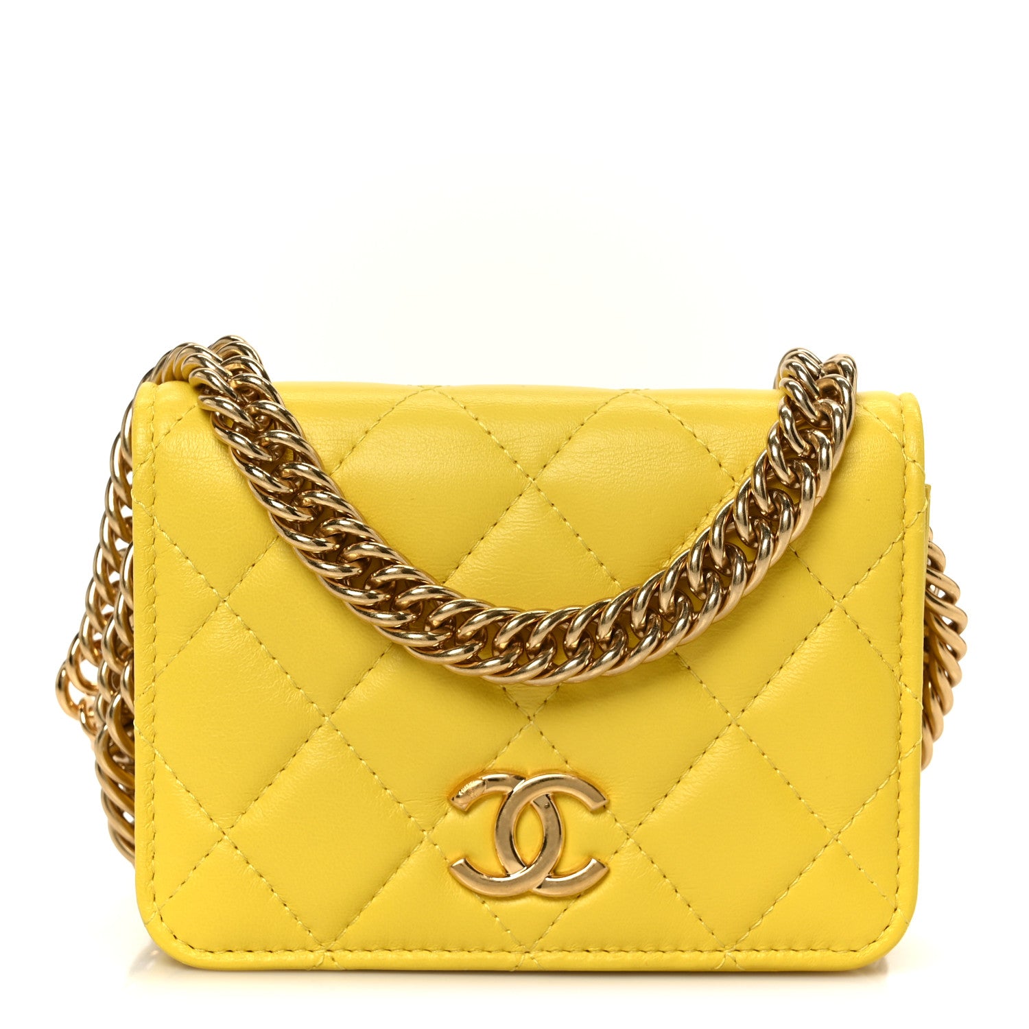 Chanel Lambskin Quilted Enamel Logo Flap Card Holder On Chain