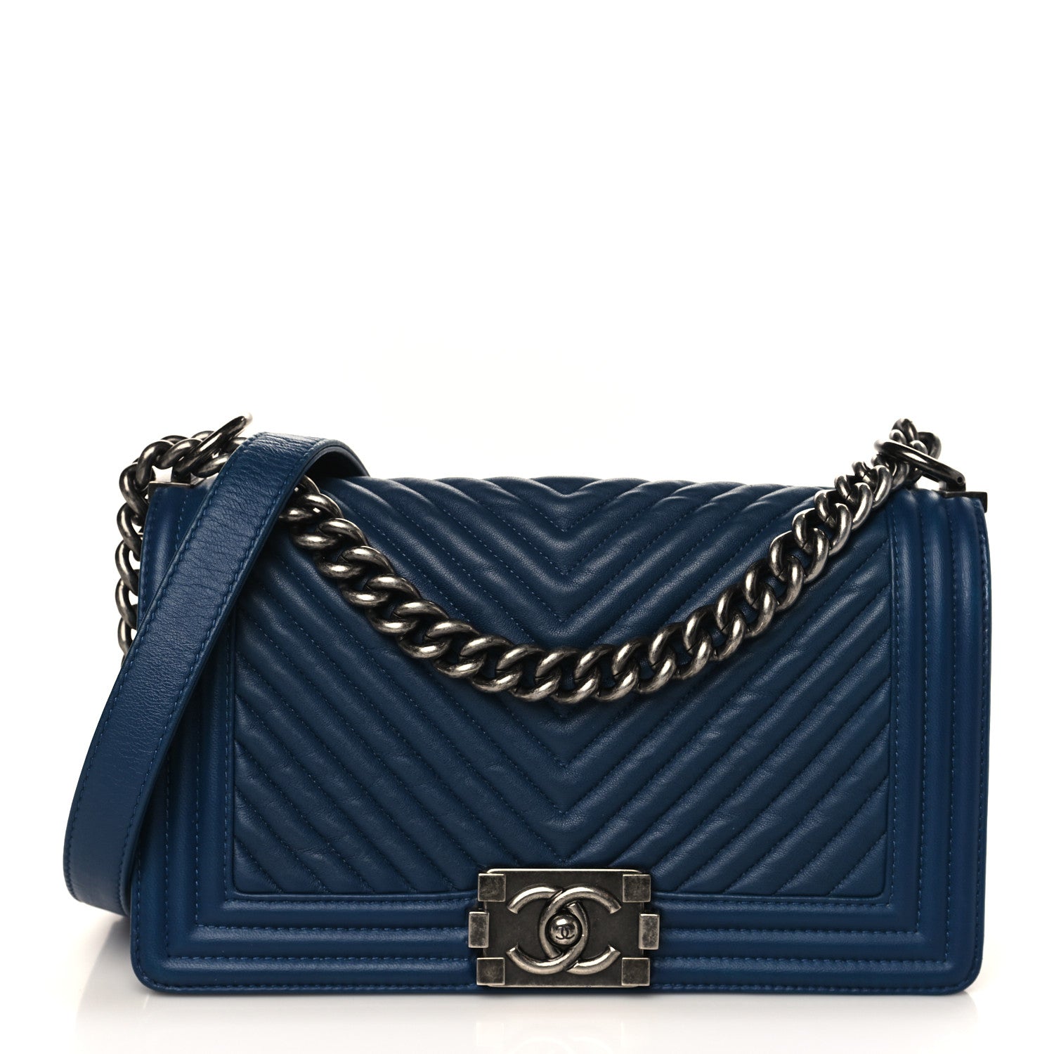 Chanel Wrinkled Lambskin Chevron Quilted Medium Boy Flap Navy 1 of 9