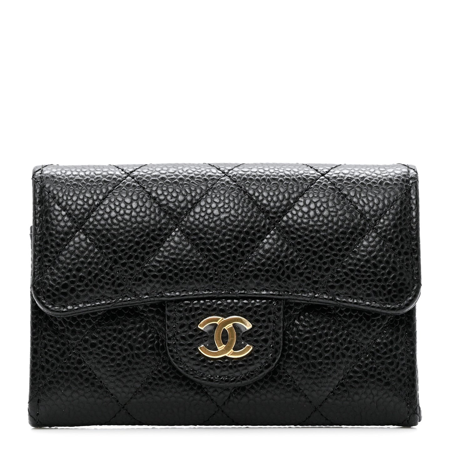 Caviar Quilted Flap Card Holder Wallet Black