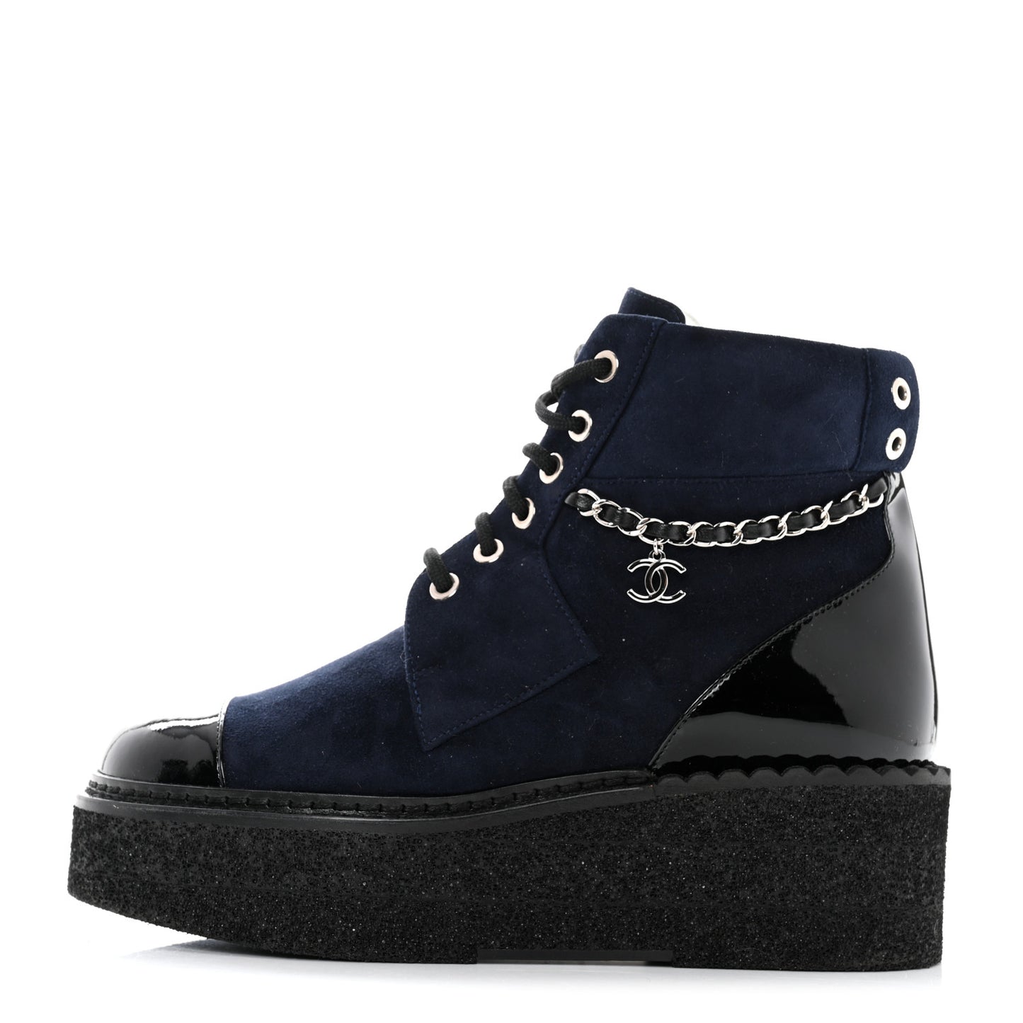 Suede Kidskin Patent Calfskin Chain Lace Up Boots 37 Dark Navy Blue Black