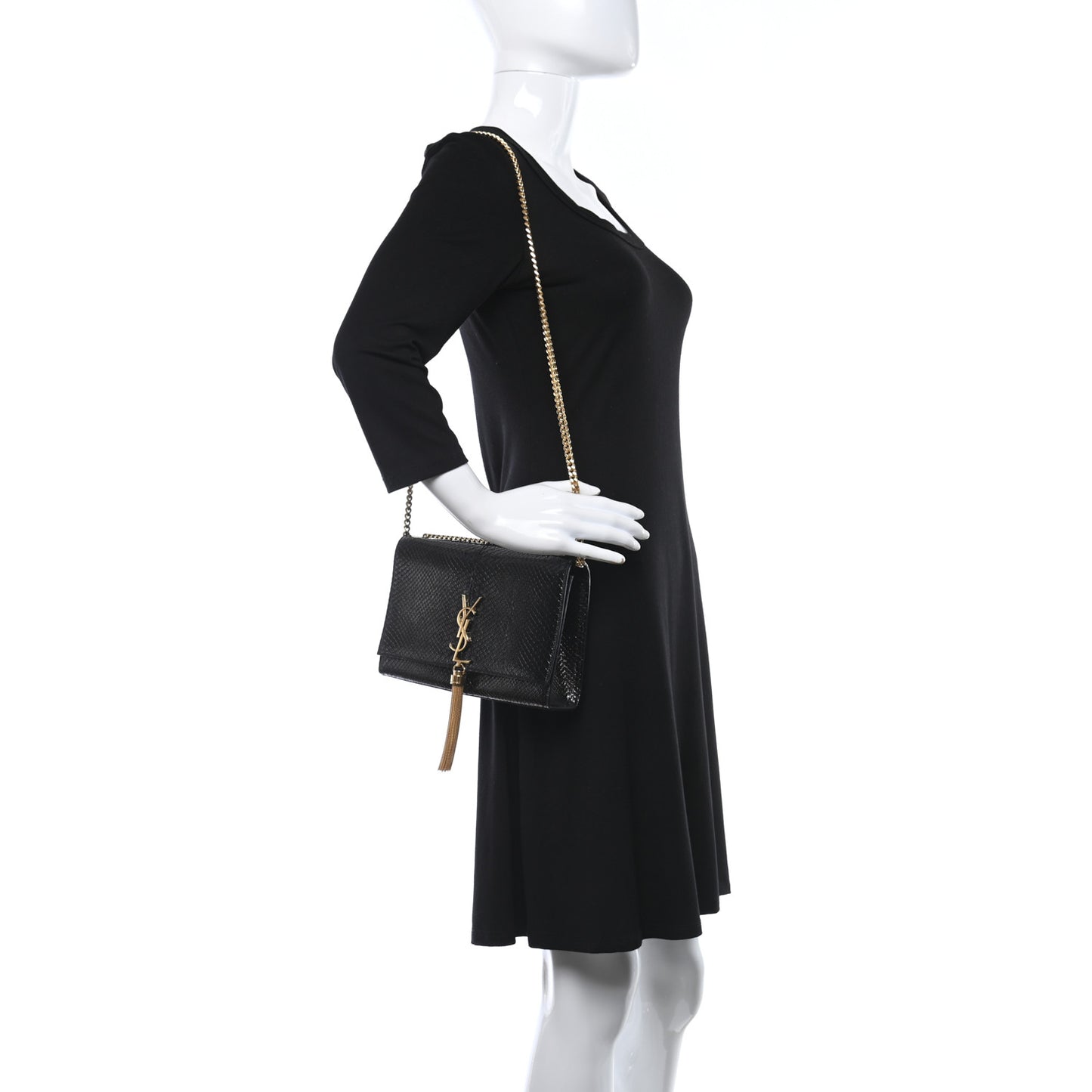 Metallic Python Embossed Medium Classic Monogram Kate Tassel Satchel Black