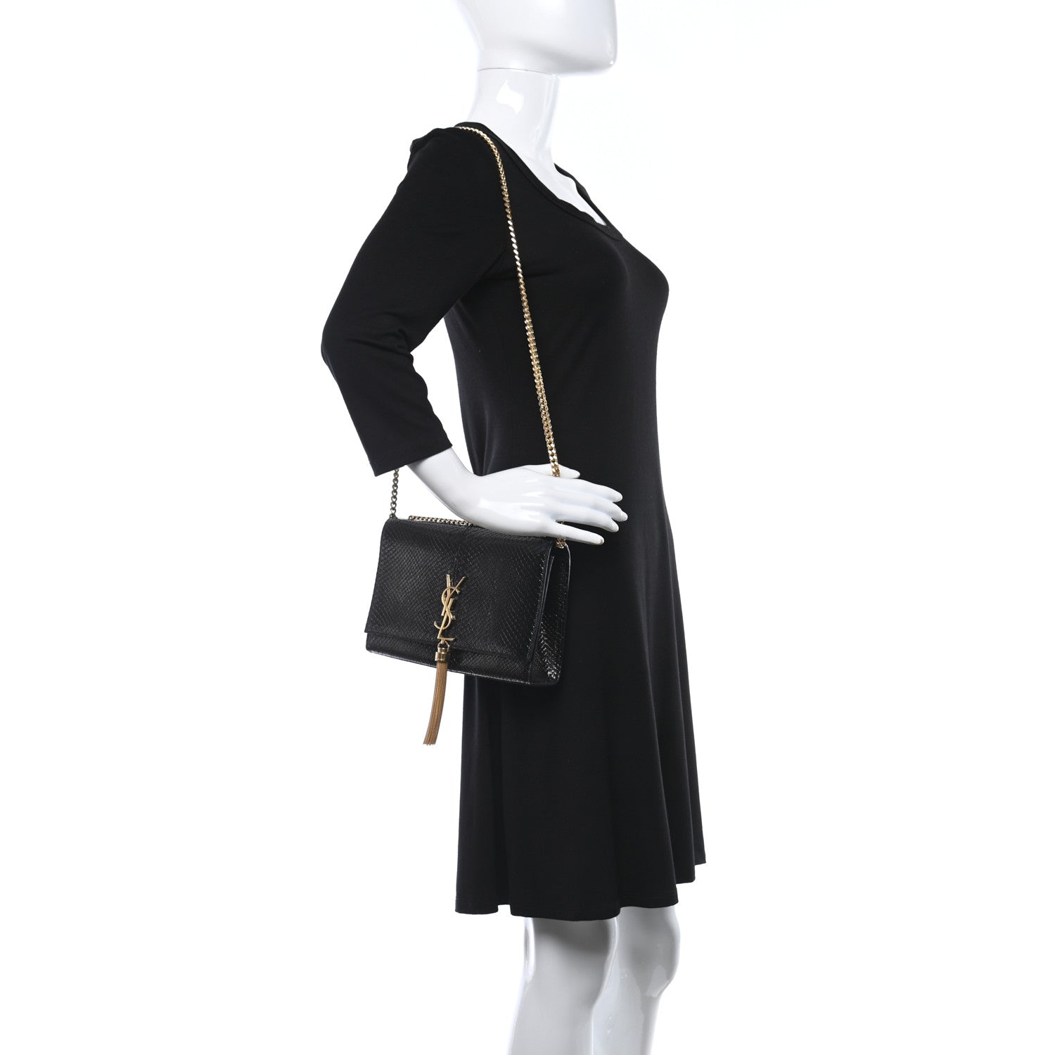 Saint Laurent Metallic Python Embossed Medium Classic Monogram Kate Tassel Satchel Black 2 of 9