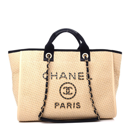 Chanel Straw Raffia Calfskin Chain Medium Deauville Tote Beige Black 1 of 10