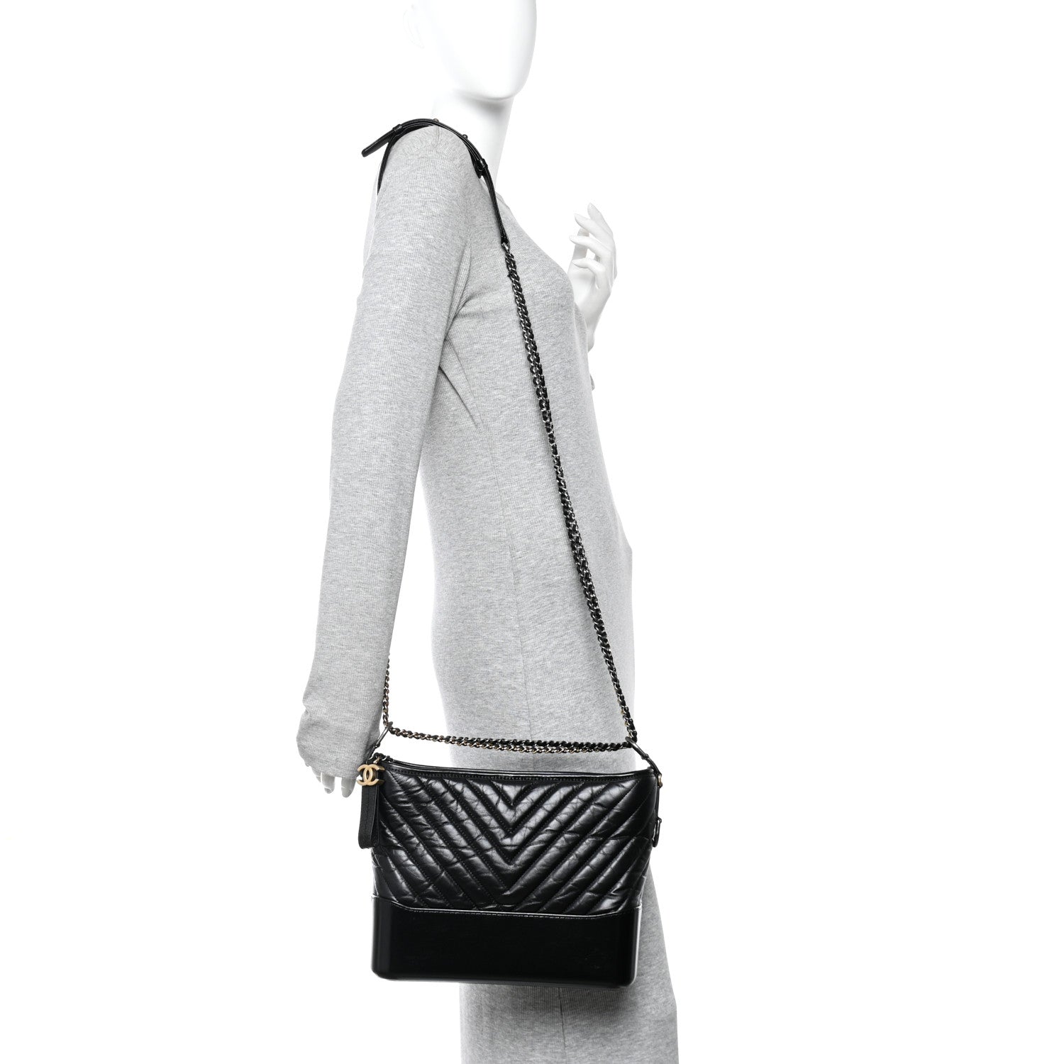 Chanel Aged Calfskin Chevron Quilted Medium Gabrielle Hobo Black 2 of 10
