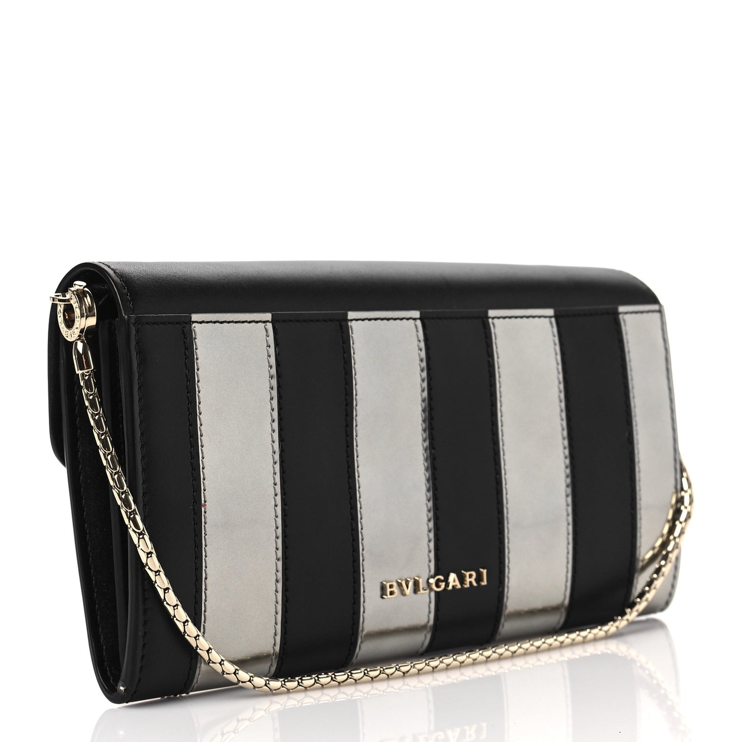 Metallic Calfskin Striped Serpenti Forever Chain Wallet Silver Black