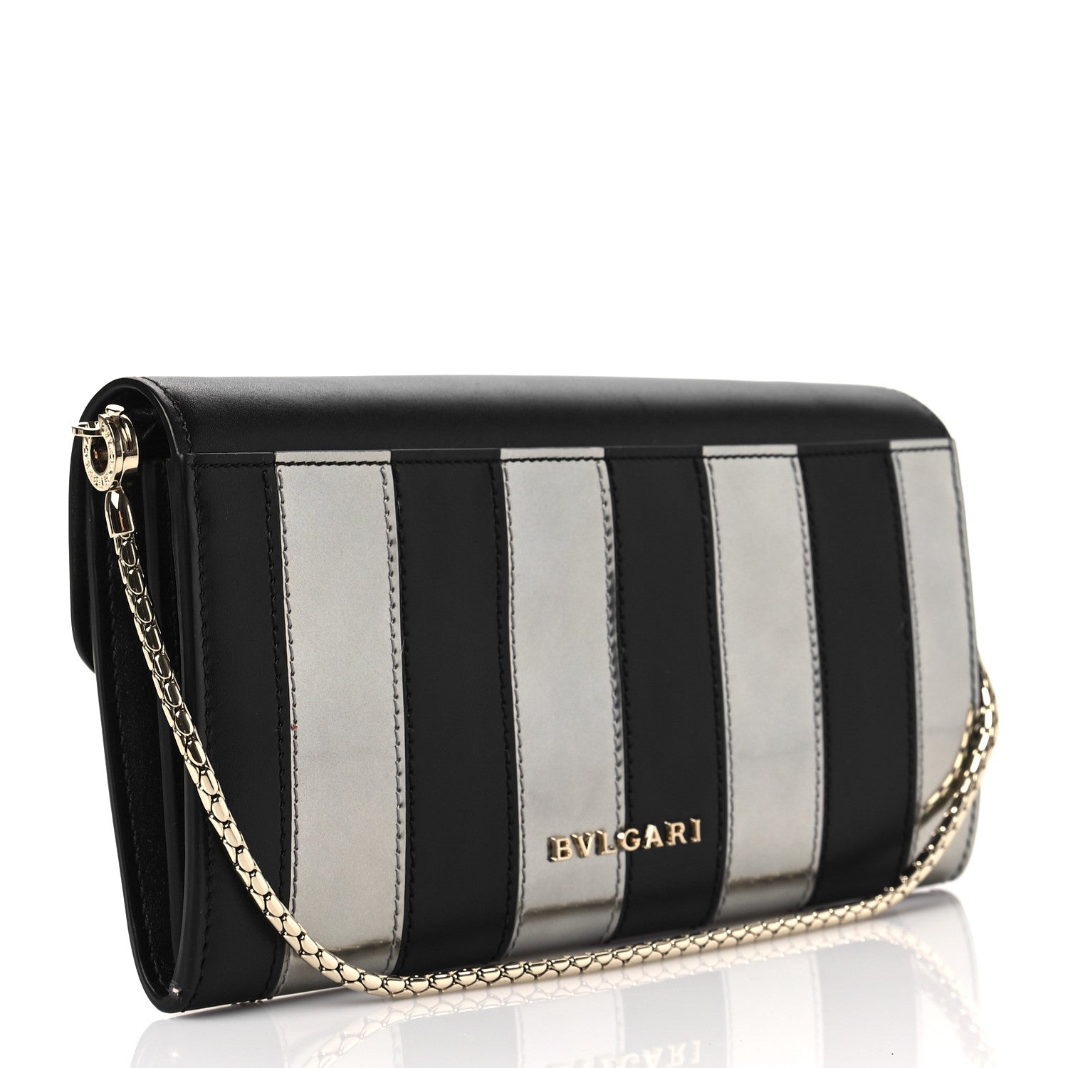 Bulgari Metallic Calfskin Striped Serpenti Forever Chain Wallet Silver Black 2 of 5