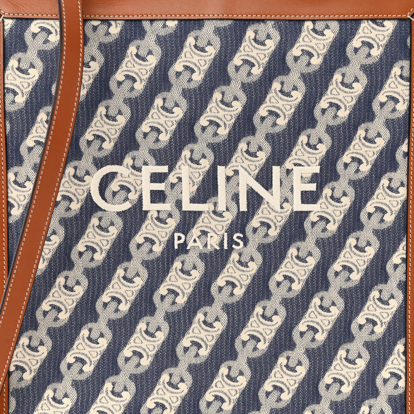 Maillon Triomphe Canvas Calfskin Small Vertical Cabas Navy Tan