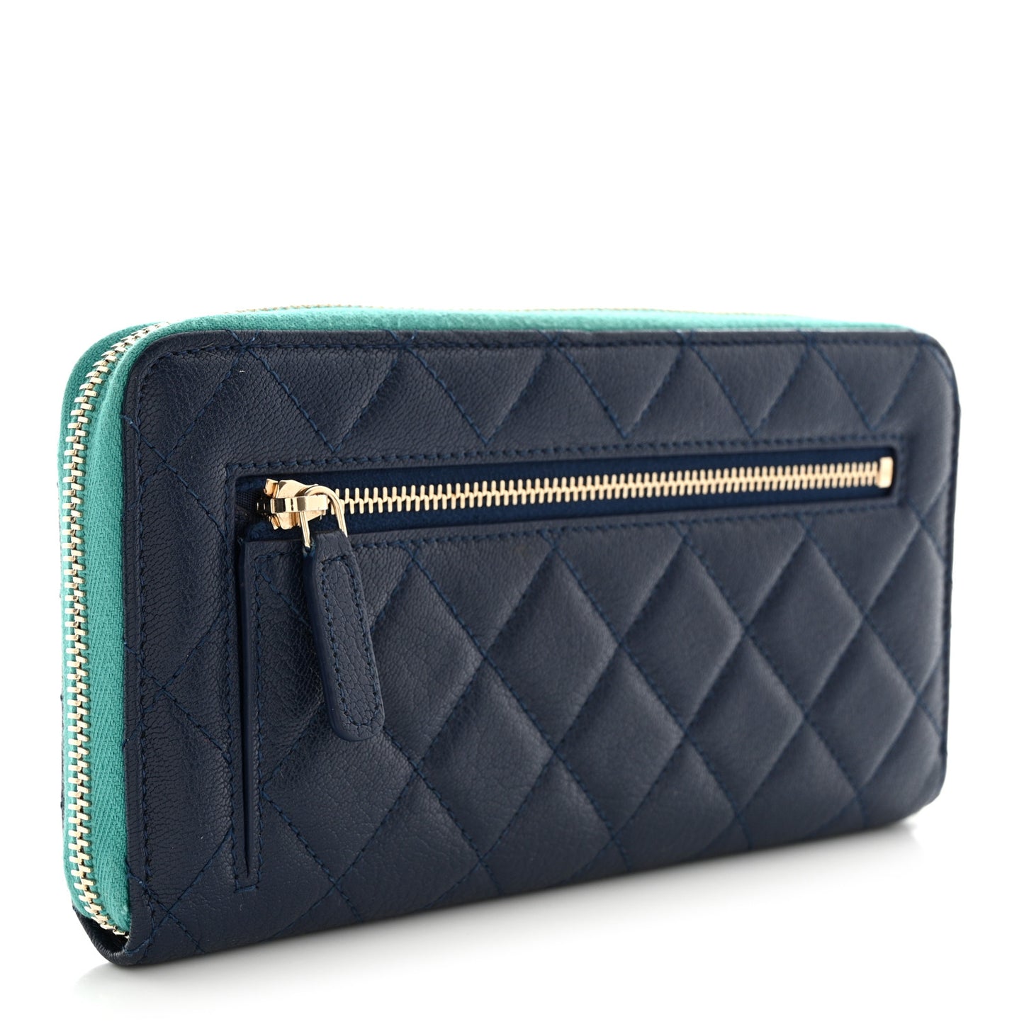 Goatskin Quilted Tri-Color In & Out Zip Around Wallet Navy Turquoise Pink