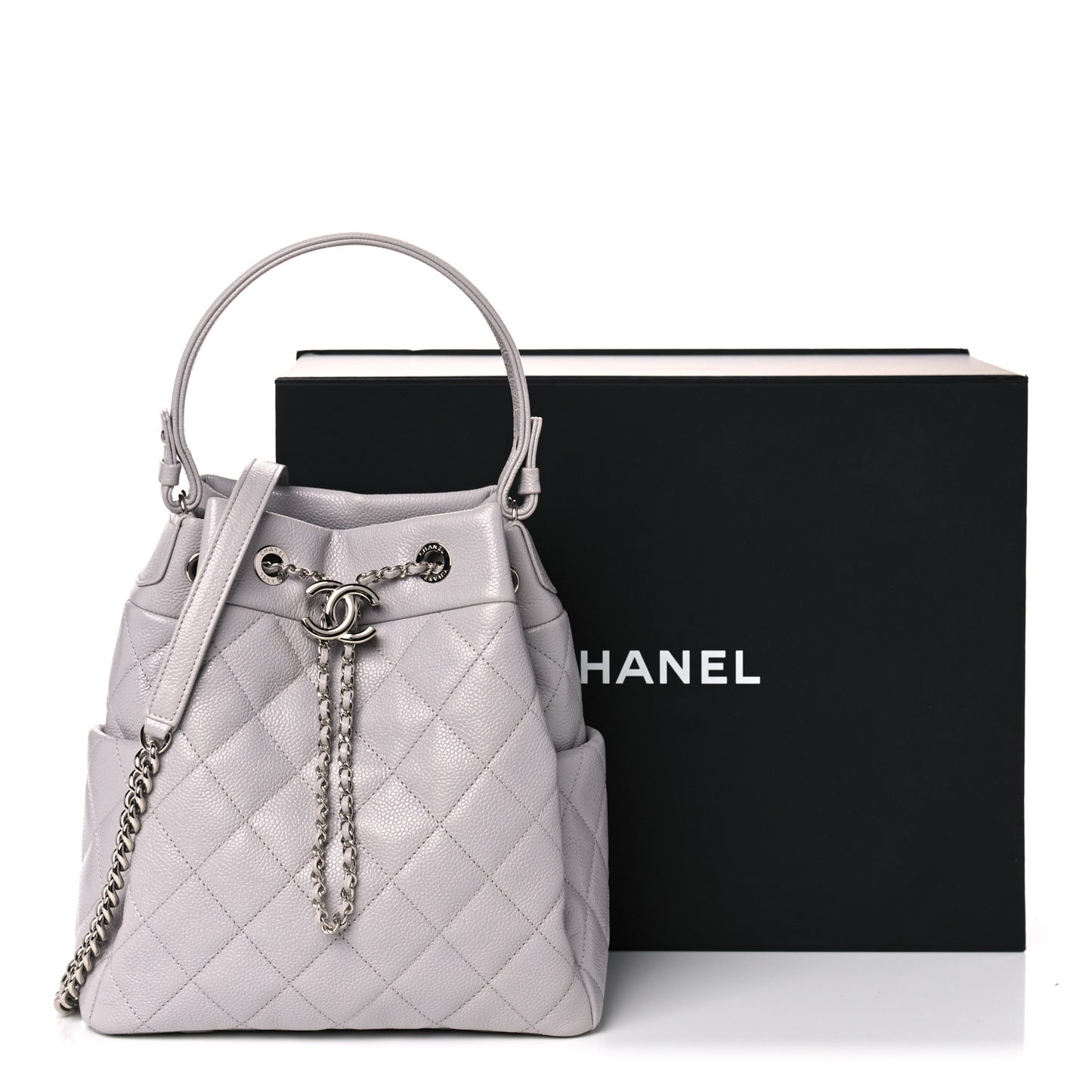 Caviar Flat Quilted CC Chain Bucket Drawstring Bag Light Grey
