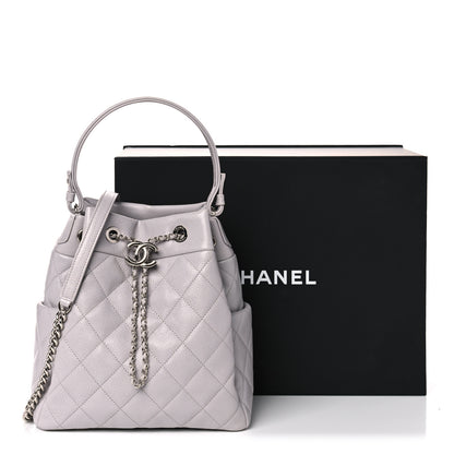 Chanel Caviar Flat Quilted CC Chain Bucket Drawstring Bag Light Grey 10 of 10