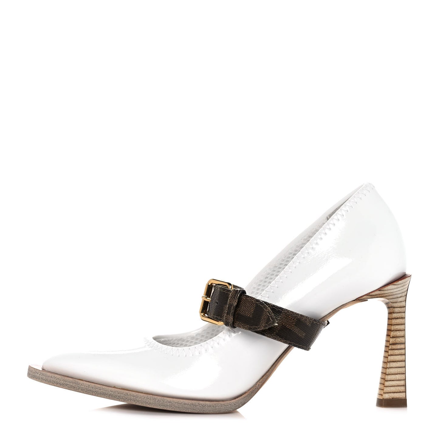 Glossy Neoprene Glazed Fabric FF FFrame Court Mary Jane Pumps 38 White Tobacco Moro
