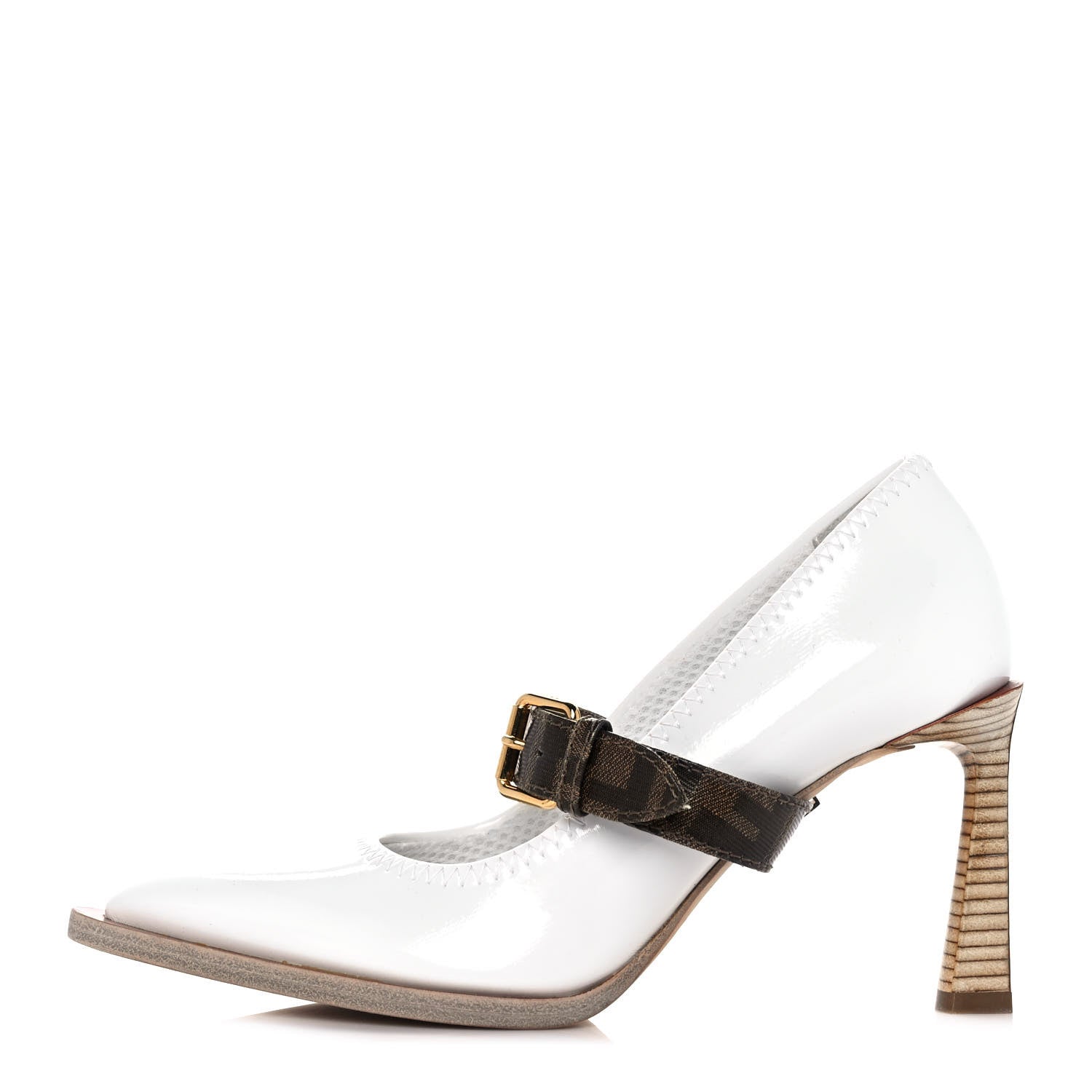 Fendi Glossy Neoprene Glazed Fabric FF FFrame Court Mary Jane Pumps 38 White Tobacco Moro 1 of 8
