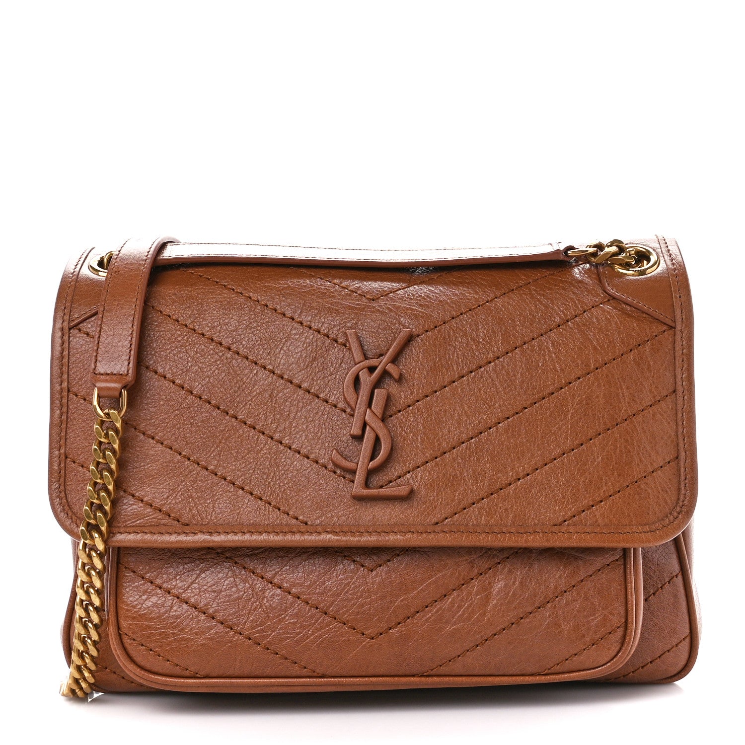 Saint Laurent Crinkled Calfskin Matelasse Monogram Medium Niki Chain Satchel Caramel 1 of 11