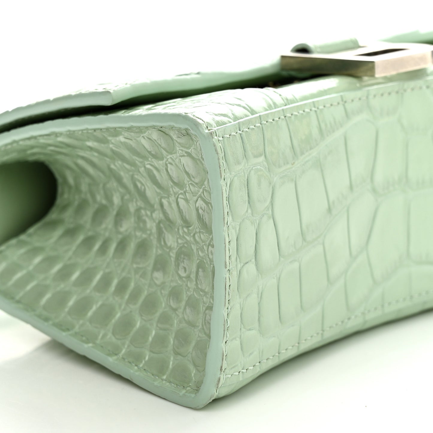 Shiny Calfskin Crocodile Embossed Hourglass Top Handle Bag XS Light Green