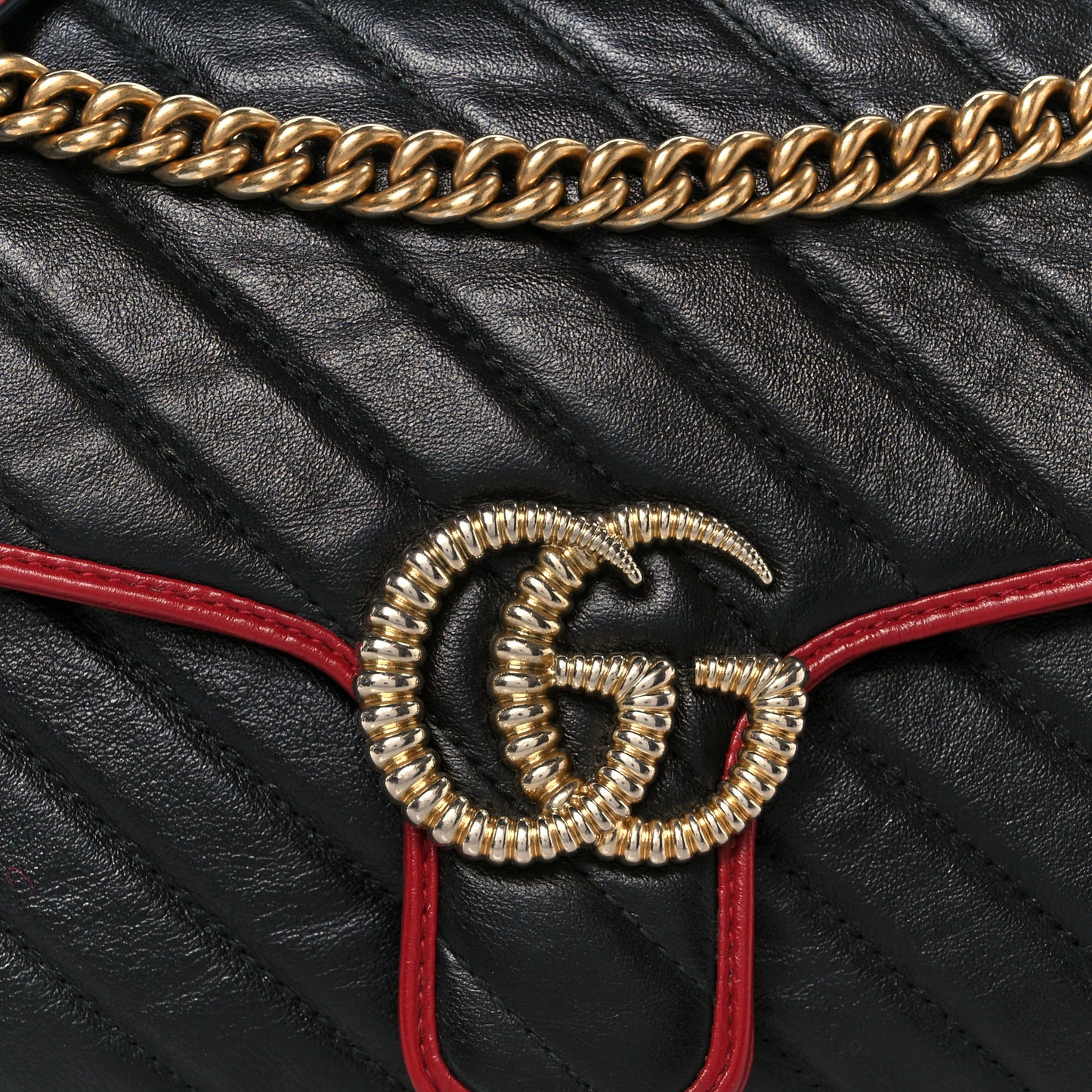 Vintage Effect Calfskin Matelasse Diagonal Small Torchon GG Marmont Shoulder Bag Black Romantic Cherry