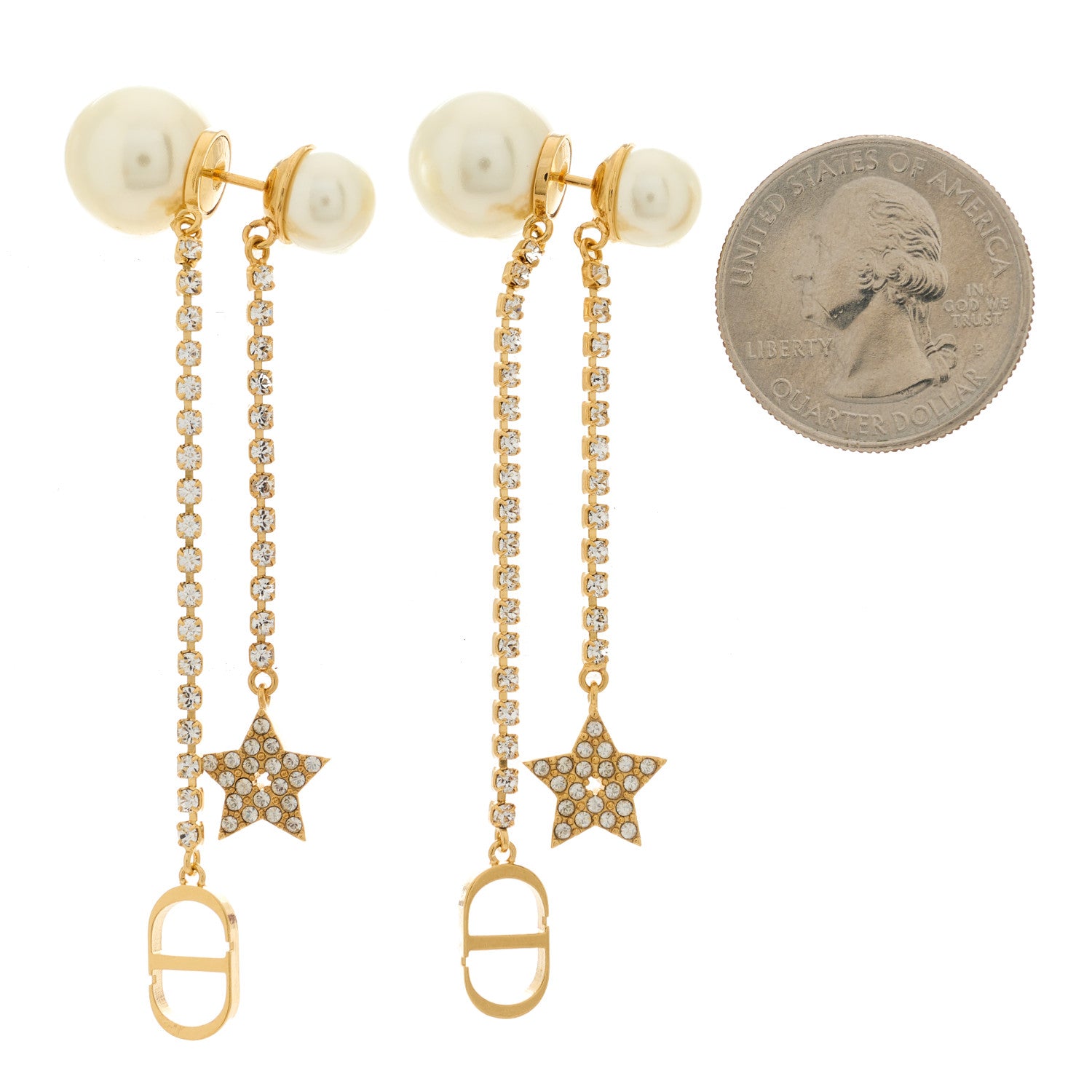 Christian Dior Pearl Crystal Star Tribale Dangle Chain Earrings Gold 2 of 4