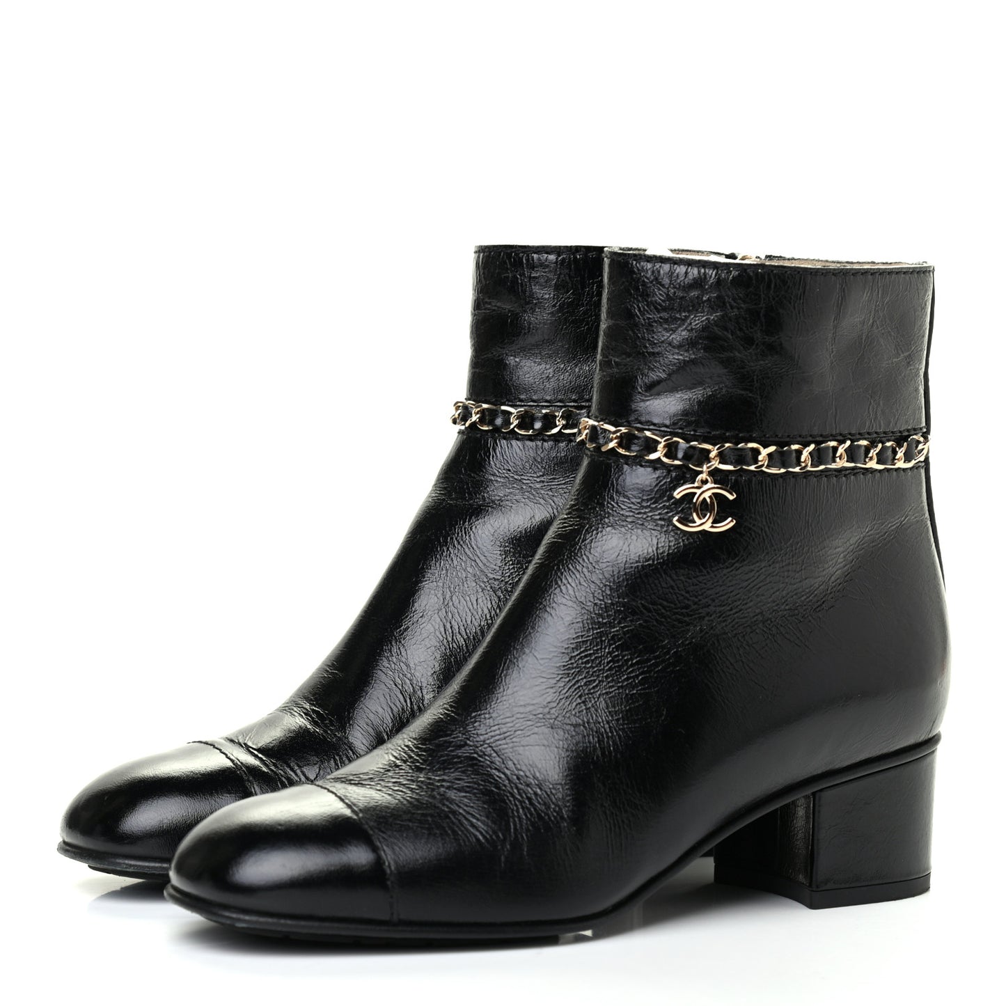 Crumpled Calfskin Cap Toe Chain Short Boots 35.5 Black