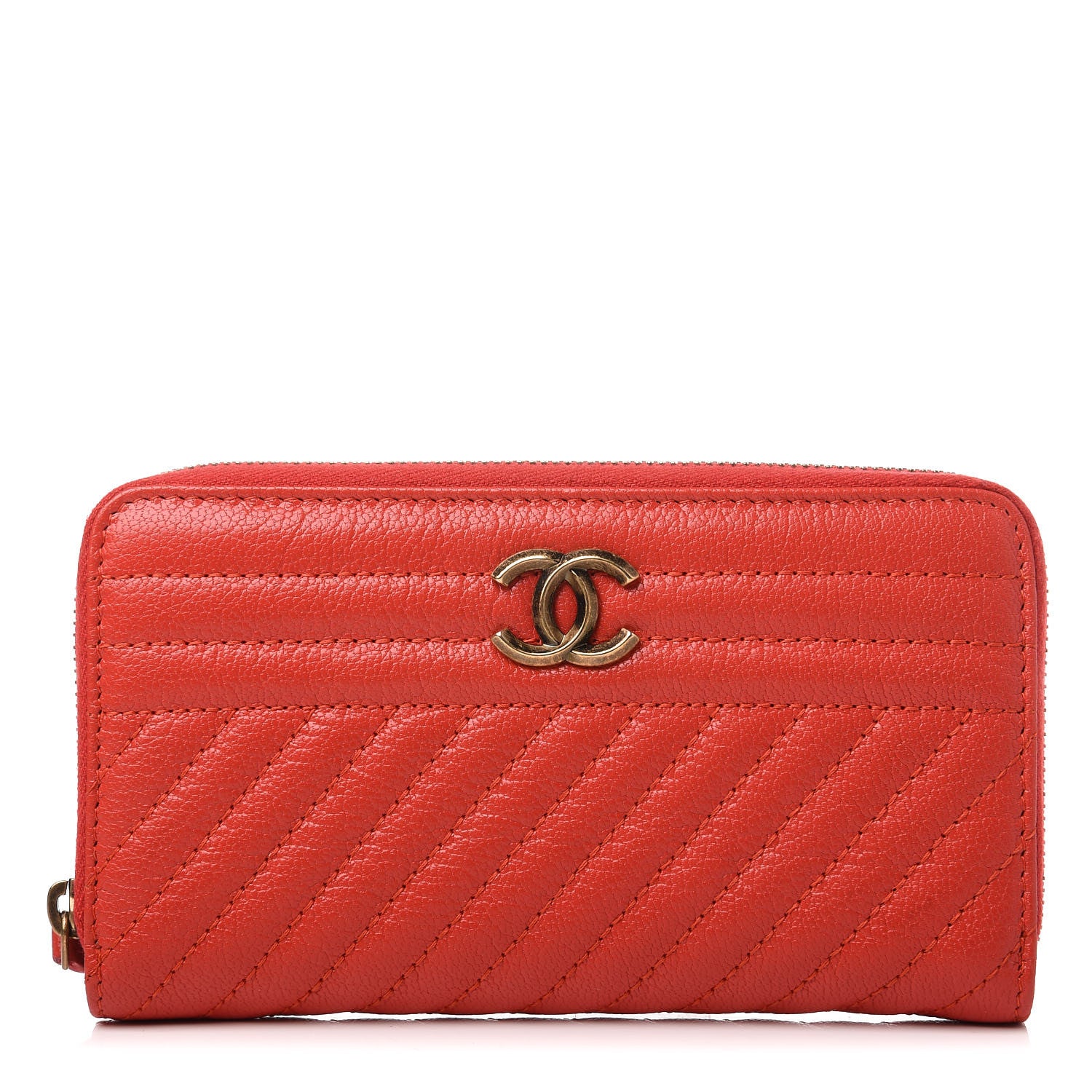Chanel Shiny Goatskin Diagonal Quilted Small Zip Around Wallet Red 1 of 11