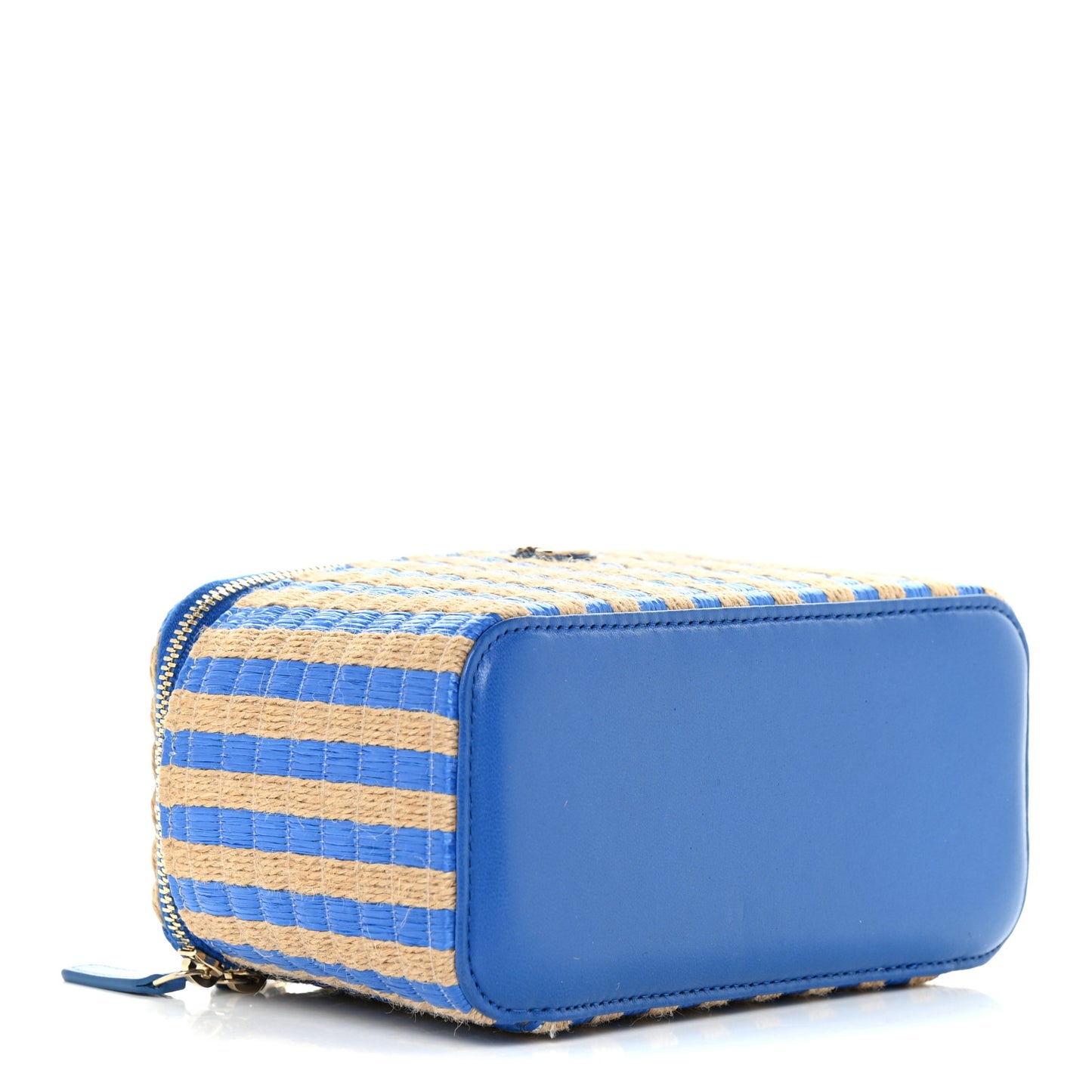 Raffia Jute Striped Small Vanity Case With Chain Blue Beige