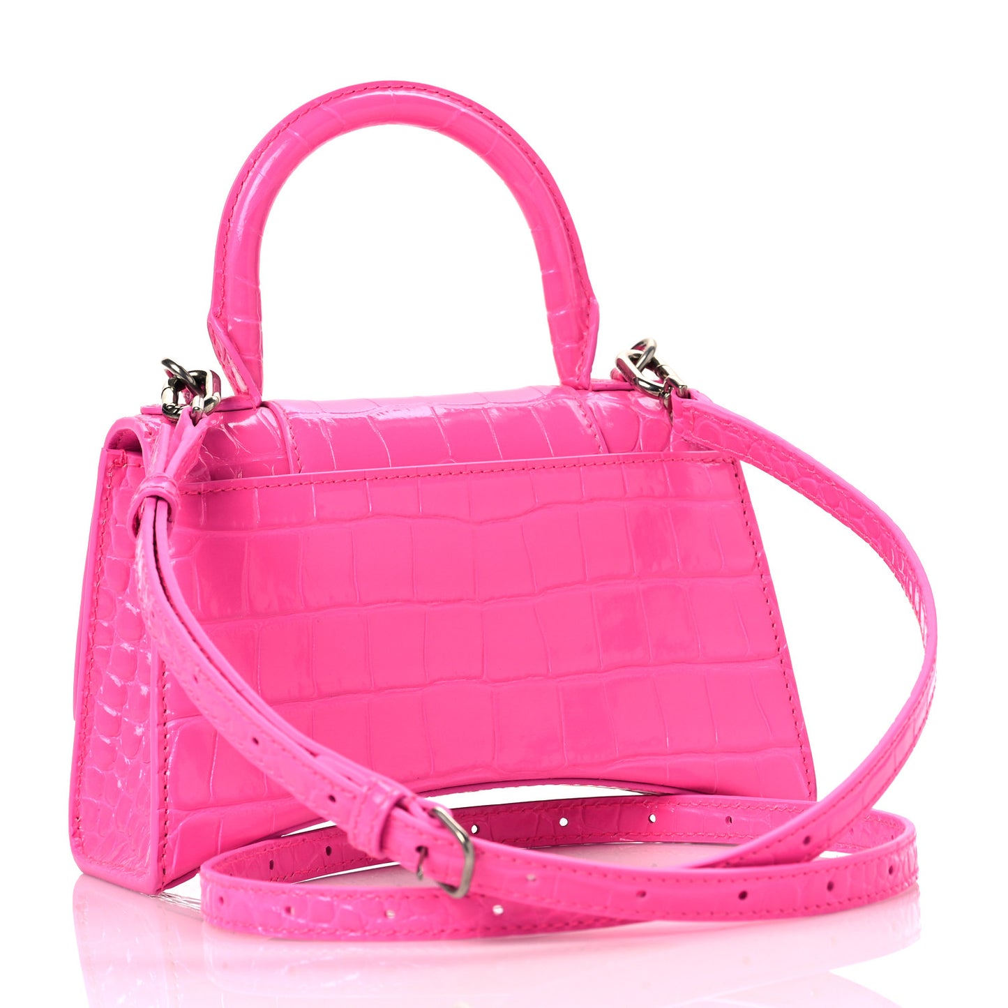 Shiny Calfskin Crocodile Embossed Hourglass Top Handle Bag XS Neon Pink