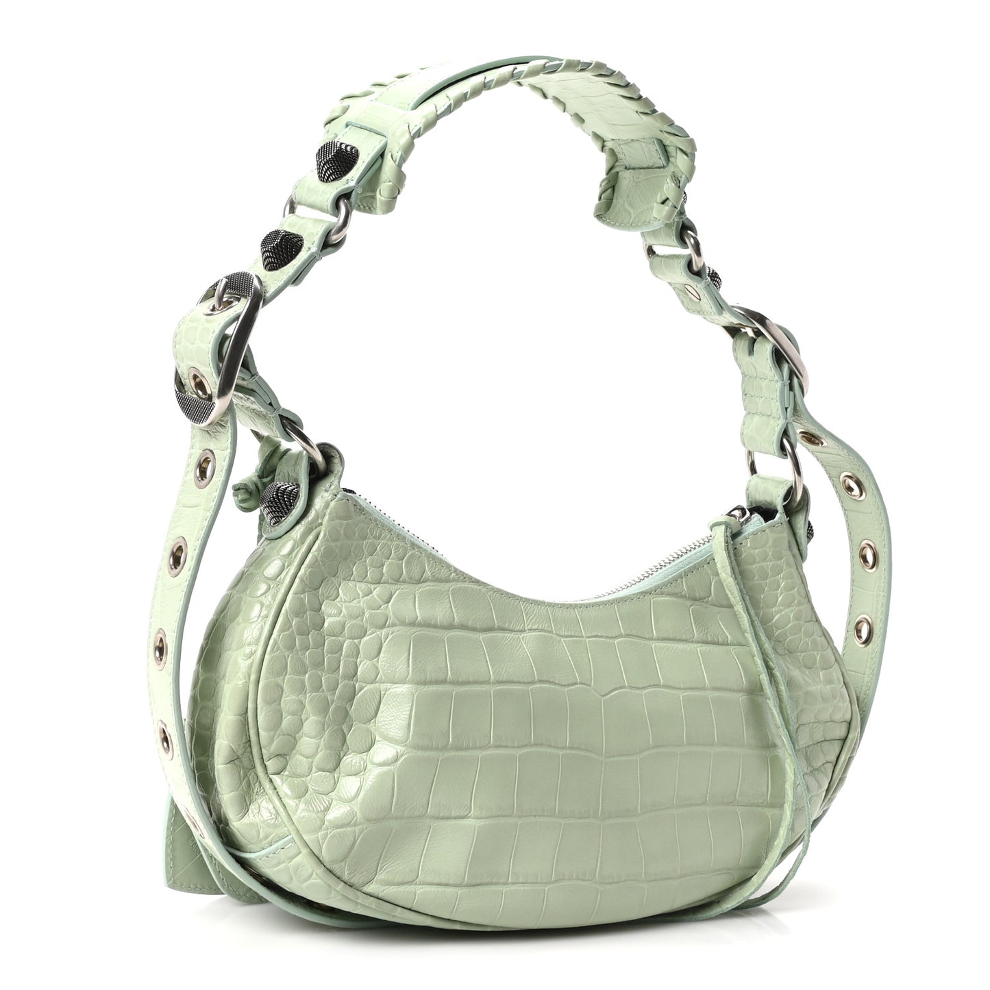 Extra Supple Calfskin Crocodile Embossed Le Cagole Shoulder Bag XS Light Green