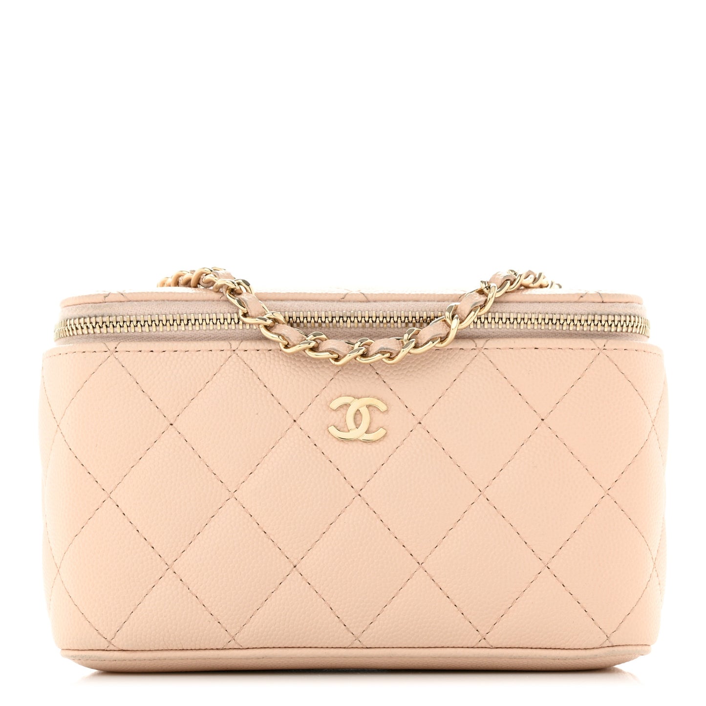 Caviar Quilted Small Vanity Case With Chain Light Beige